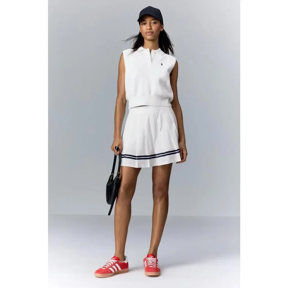 Polo Ralph Lauren White Stretch High-Waisted Pleated Skort Size L with Stain